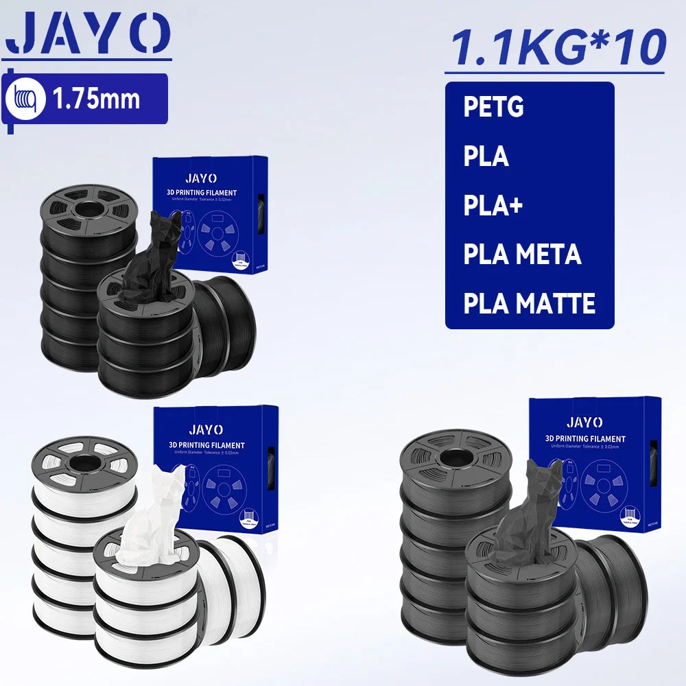 JAYO 10 Rolls 3D PETG/PLA/PLA PLUS/PLA Meta/ PLA Matte Printer Filament 1.75mm 100% No Bubble non-toxic 3D Printing Materials